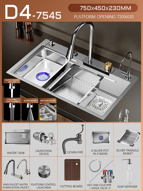 Silver Nano 304 Stainless Steel Kitchen Waterfall Sink