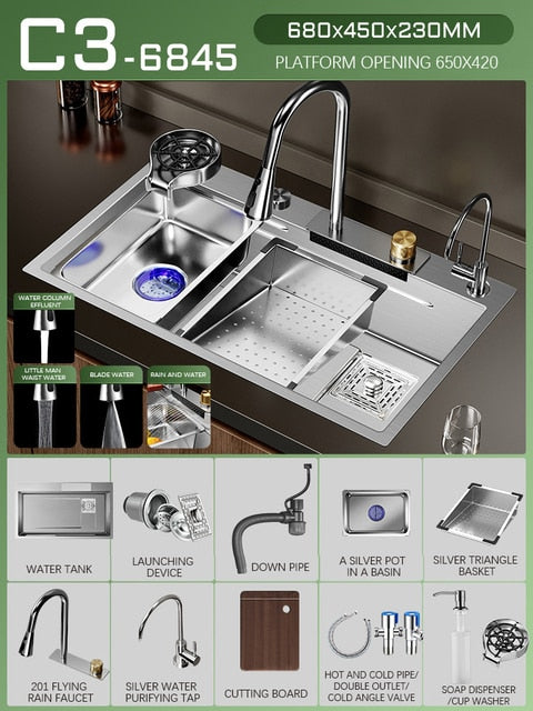 Silver Nano 304 Stainless Steel Kitchen Waterfall Sink