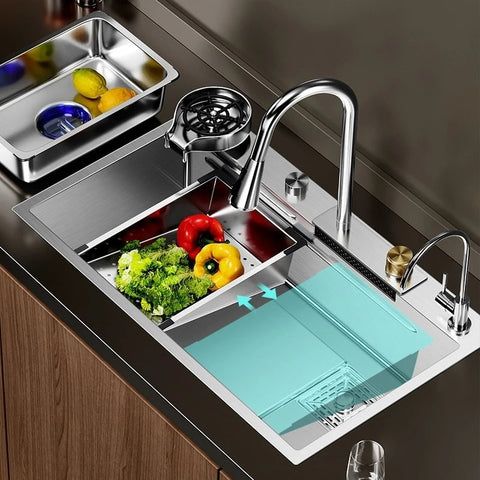 Silver Nano 304 Stainless Steel Kitchen Waterfall Sink