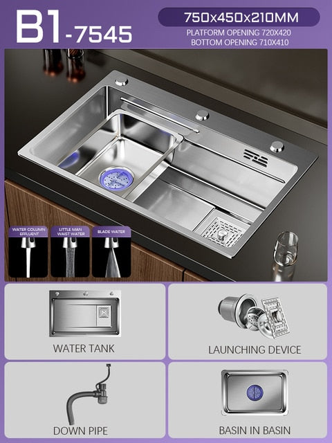 Silver Nano 304 Stainless Steel Kitchen Waterfall Sink